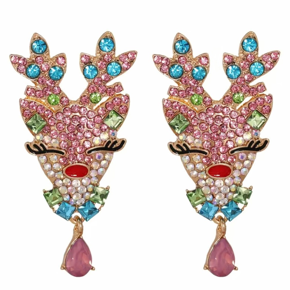 NWT Pink Christmas Reindeer Jeweled Hypoallergenic Earrings.